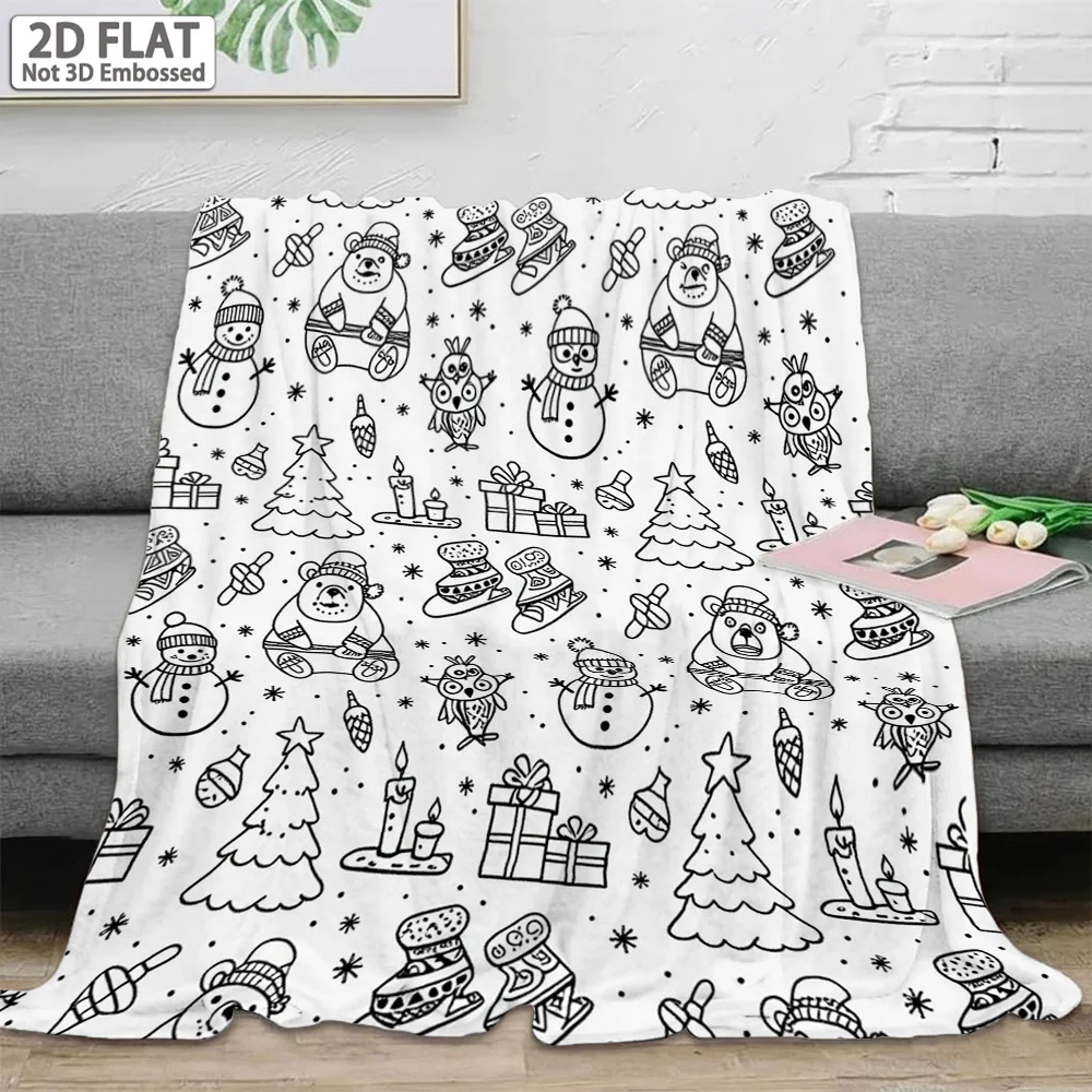 1pc 2D Flat Healing‑Style Christmas Coloring Printed Throw Blanket, Black‑White Festive Decor Blanket, Warm Multi‑Purpose