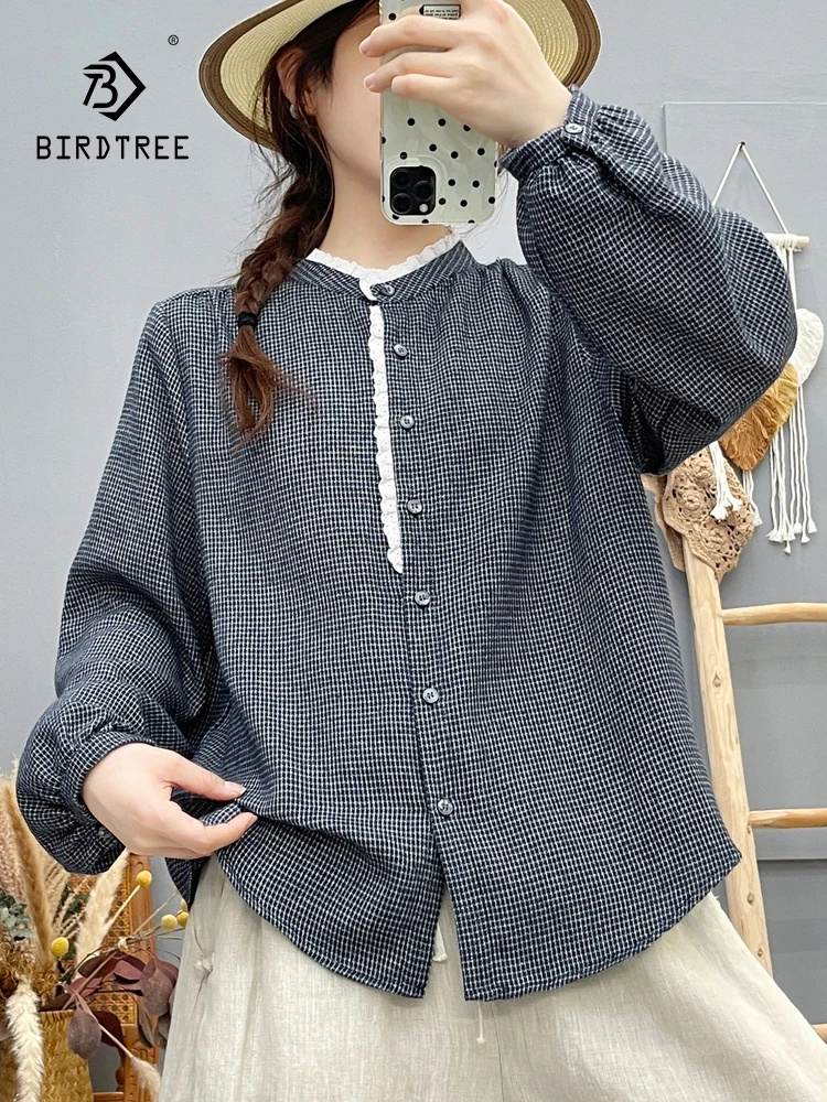 

New 2025 Autumn Cotton Long Sleeve Brushed Shirt, Women Stand Plaid Ruffles, Mori Girl Fashion OL Casual Loose Blouse T58923CC