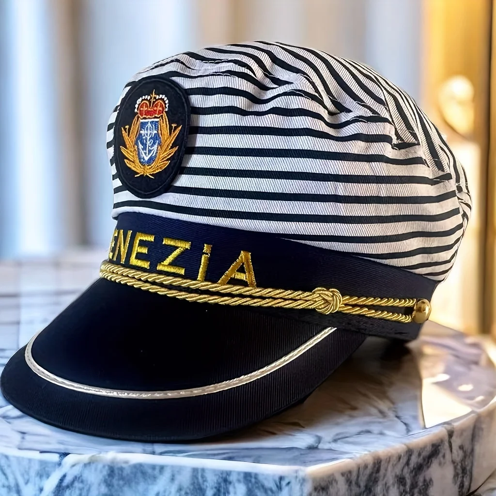 HongLuan Striated Boat Captain Hat for Adults, Army Cap, Beach Party, Vintage Military Assessories & Yacht Party Outfit Women