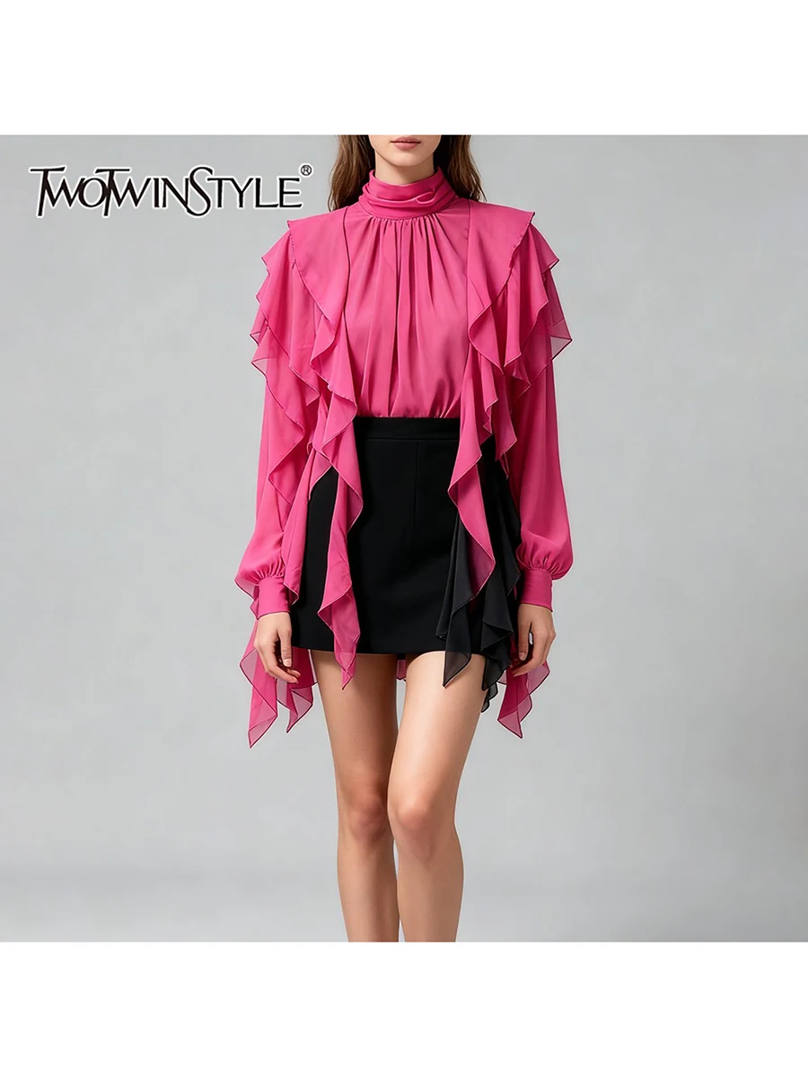 

TWOTWINSTYLE Elegant Spliced Ruffles Folds Blouses for Women Stand Neck Long Sleeves Patchwork Ribbons Fashion Blouse Female New