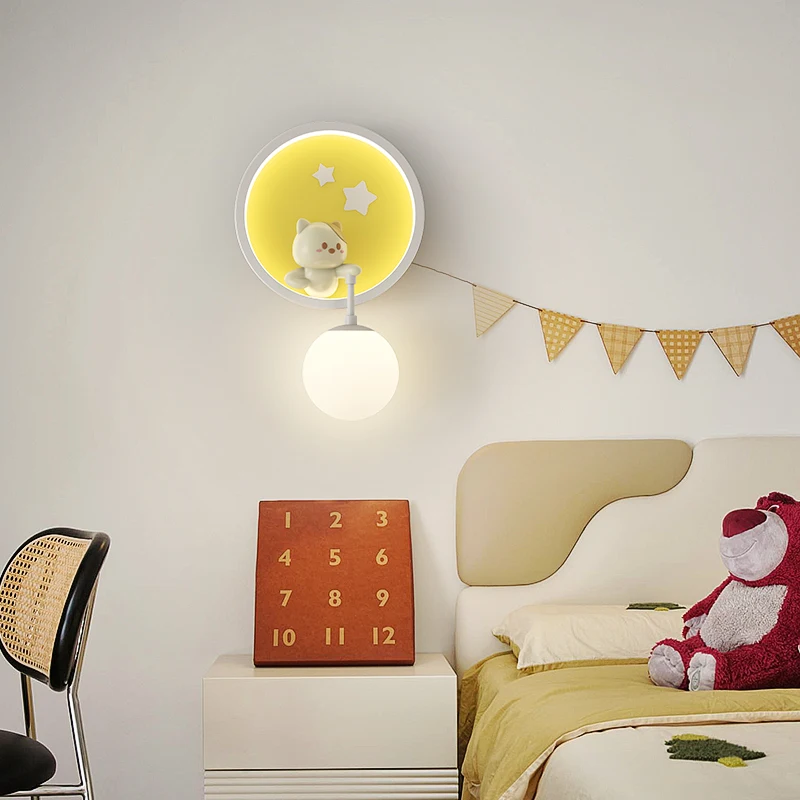 Romantic Bedroom Bedside Wall Light for Kids Baby Boy Girl Room Decorative Lighting Pink Blue Yellow Animal Cat Rabbit Wall Lamp