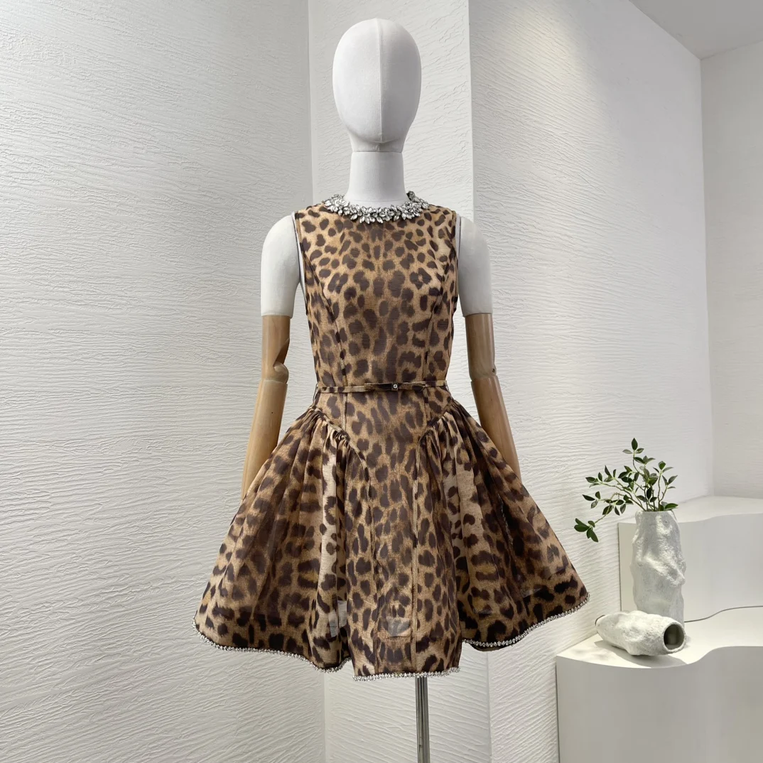 

New Arrivals Linen Silk Brown Leopard Print Series Sleeveless Pleats Ruched Diamonds Women Tank Holiday Mini Dress