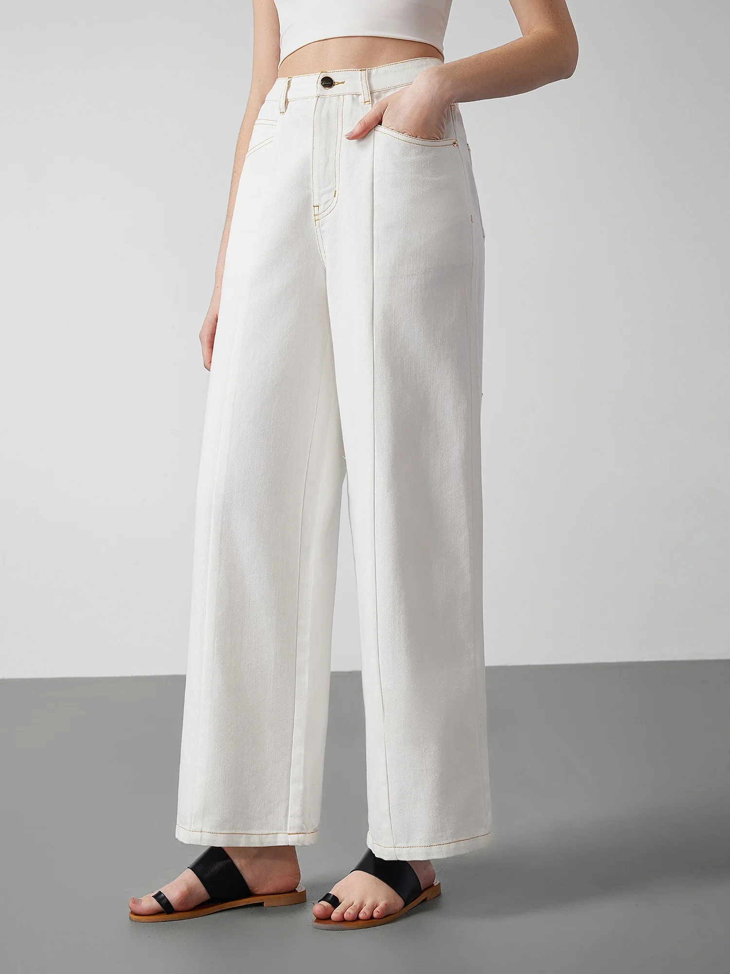 

Chivirin Summer New Sle Wide Leg White Cotton Fabric Pants High Waist Straight Cut Long Pants for Ele Women