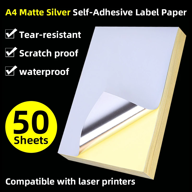 50 Sheets, A4 Coated Matte Silver Self-Adhesive Printing Paper, Pet Waterproof Laser Label Stickers, Compatible with Laser Printers, Suitable for Daily Office Use, DIY Craft Packaging Stickers.