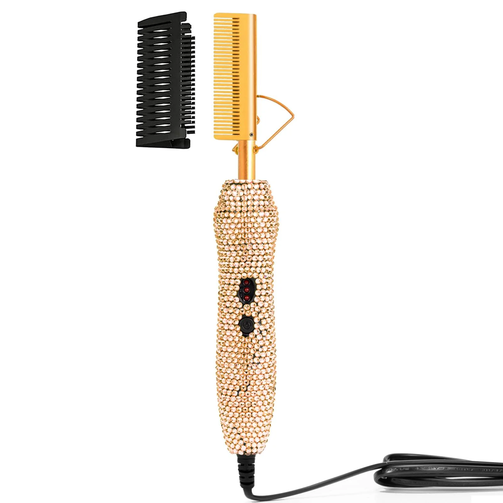 

Luxury Rhinestone Hair Straightener Electric Hot Comb Professional 2 In 1 Gold Pressing Comb For Glam Wig Styling, Travel, Daily Use