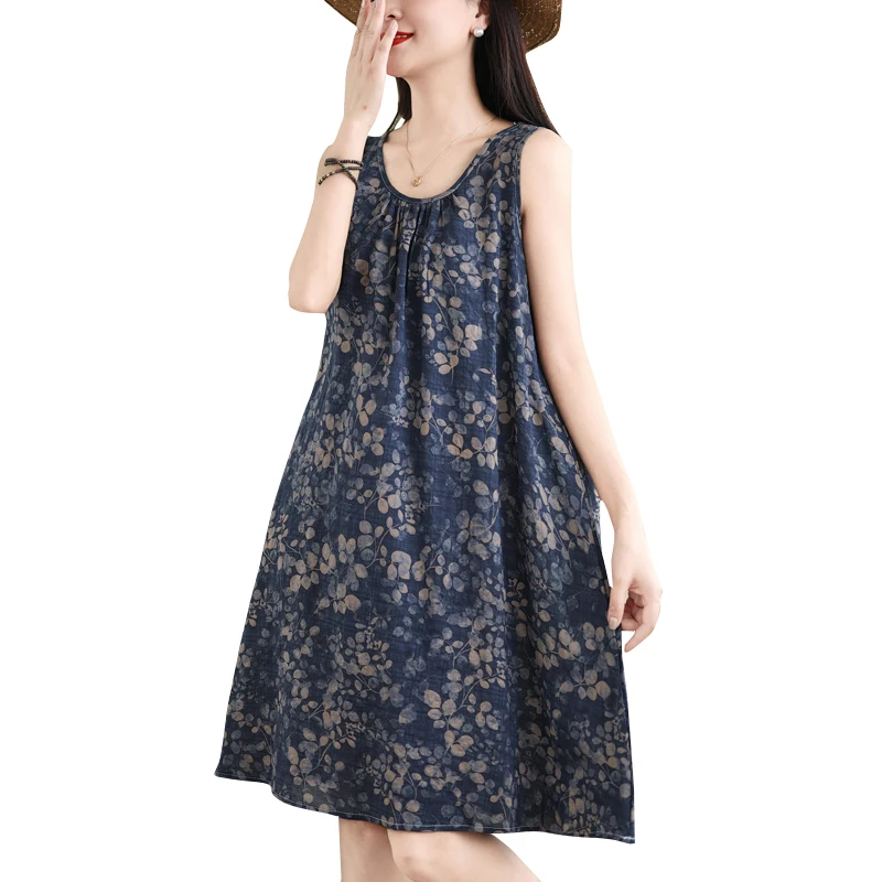 Retro bloemenprint Svel katoen Lin Dr dames zomer losse afslankende buikbedekking plus maat vest ort rok