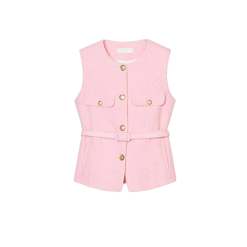 

Spring New Women's Simple Sle round Ne Metal Bule Decoration Belted Punk Texture Vest Polyester Fiber 00% Color