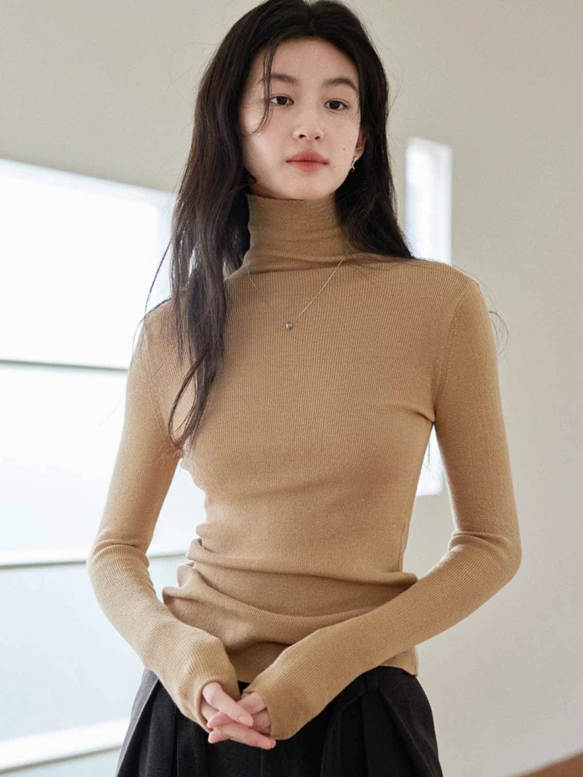 

Slim Fit High Collar Knitted Base irt Women's Sle Cotton Blend Long Sve Commute Faion Simple Design Knitwear Top