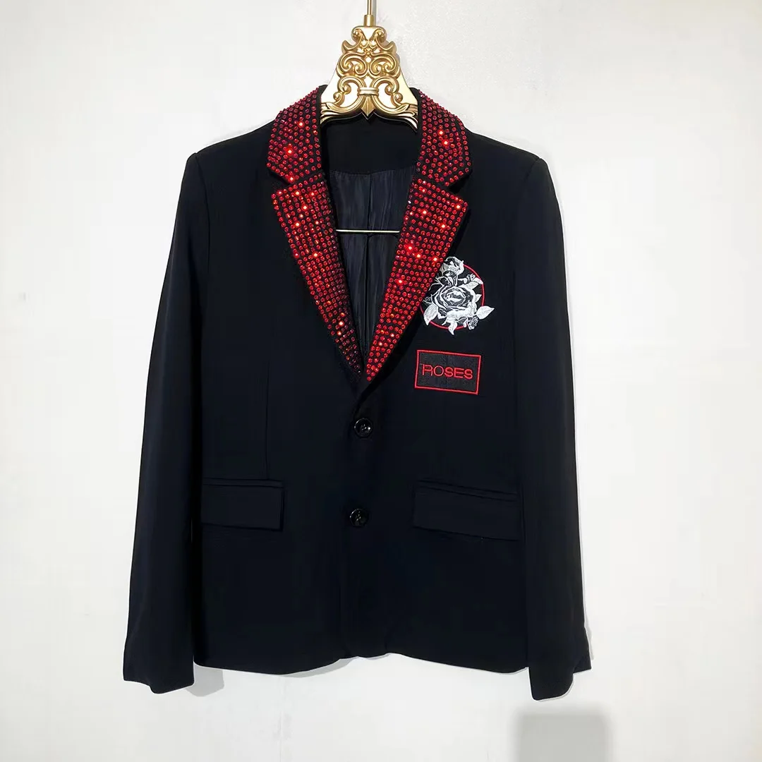 High Quality Men\'s Shining Rhinestones Roses Embroidery Blazer Banquet Party Tuxedo Bar Male Singer Star Concert Coat Costume