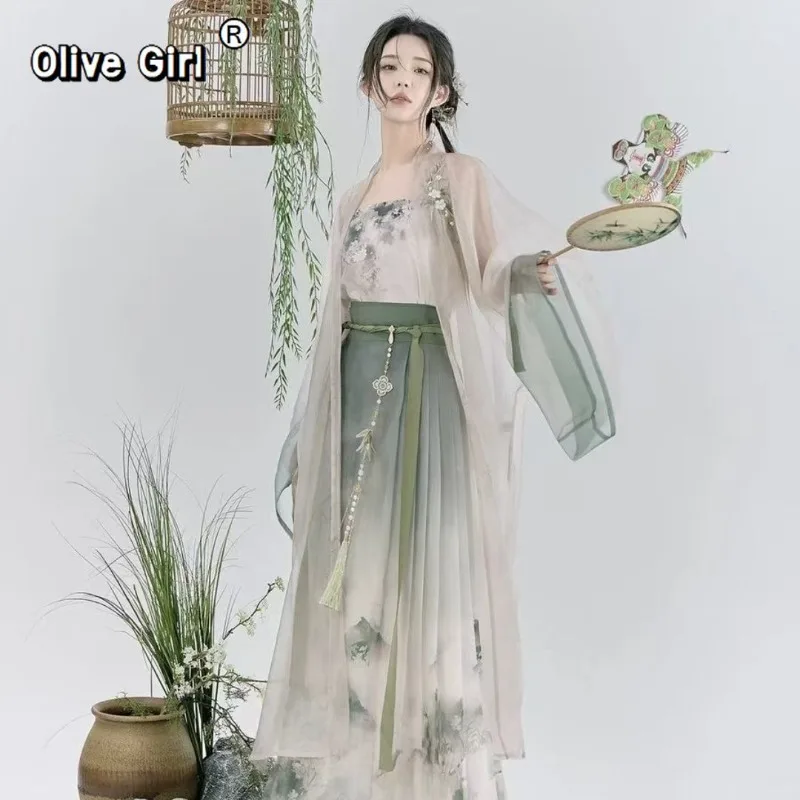 Olivegirl Chinese Hanfu Summer Blue Hanfu New Dress Three Piece Set Mint Cosplay Clothing