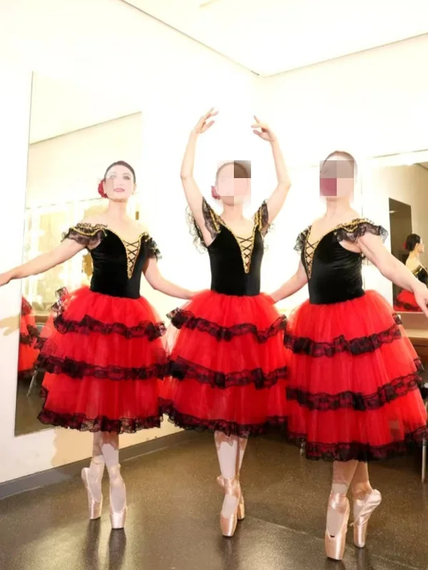 المهنية الباليه رومانسية توتو تنورة طويلة أسود أحمر اسبانيا فستان الفتيات الكبار الأطفال أداء ملابس الباليه للنساء
