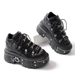 2026 Black Women Lace-Up Round Toe Sneakers For Woman's Thick Bottom Punk Metal Decoration Platform Shoes Lady Ankle Boots