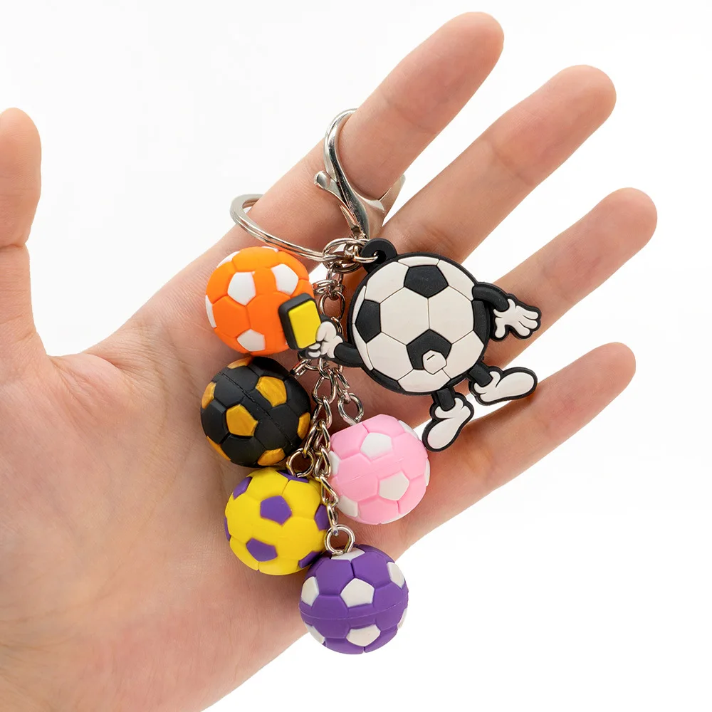 3D Soft Silicone Soccer Keychain Strings Cute Cartoon Football Pendant with Colorful PVC Ball Charms Keyring for Bag Car Decor