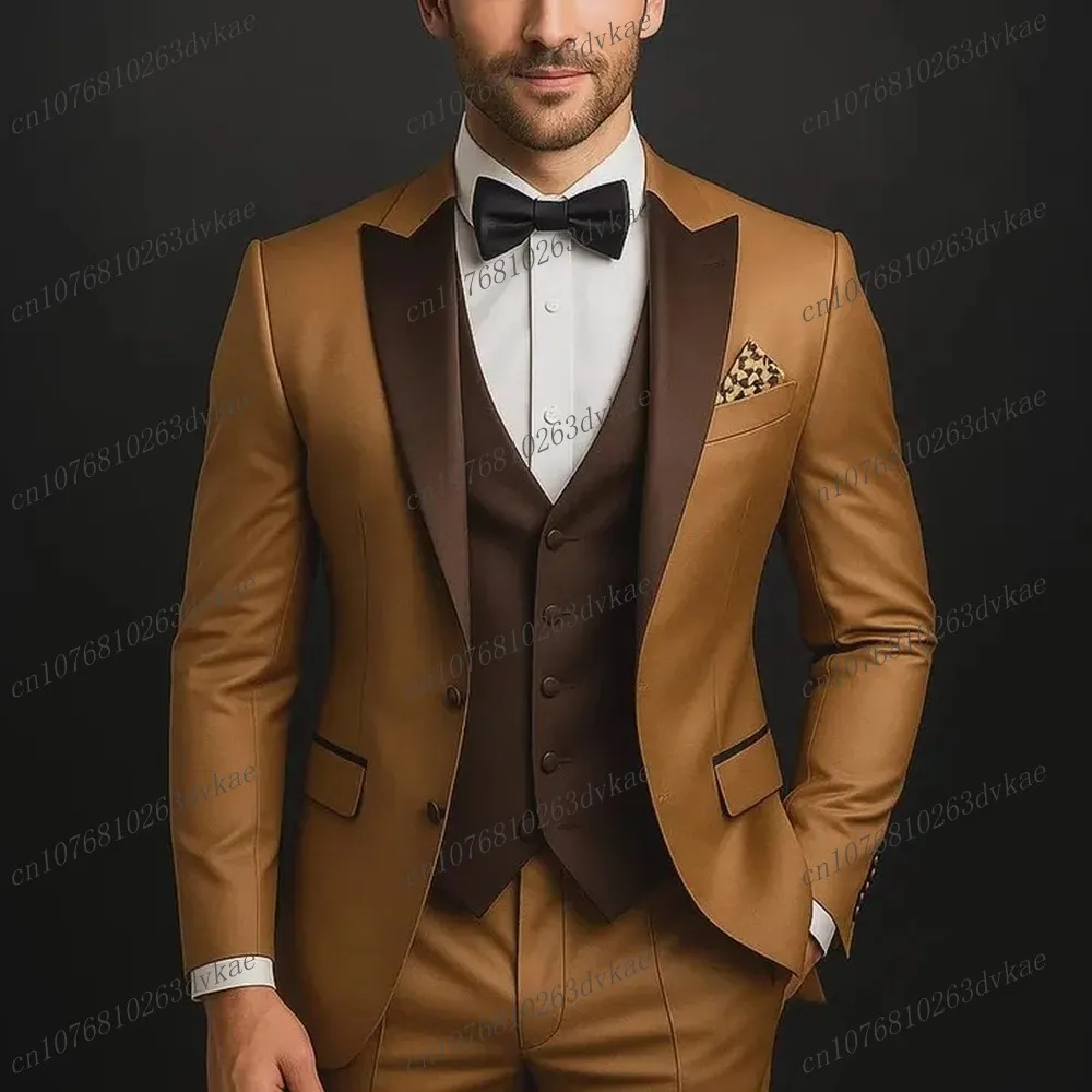 البني والداكن البني الرجال دعوى حفل زفاف رسمي العريس وصيف حفلة موسيقية الأعمال الذكور البدلات الرسمية 3 قطعة مجموعة سترة سترة السراويل #1