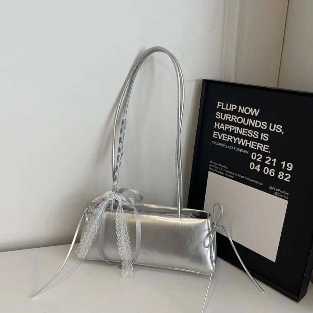 Solid Color French Stick Handbag High Quality Y2K Silver PU Shoulder Bag Large Capacity Korean Style Cylinder Underarm Bags Work