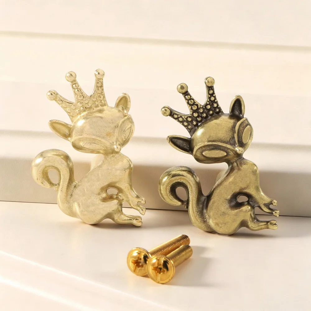Brass Crowned Fox Cabinet Knob Animal Drawer Pull Decorative Furniture Handle for Dresser Wardrobe Cupboard