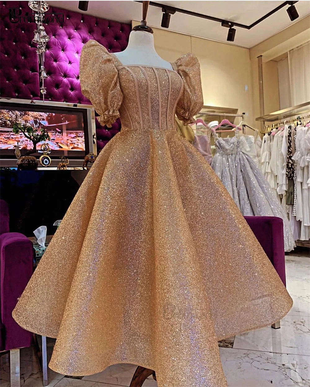 Sparkling Sequin Gold Princess Prom Dresses Tea Length Robes De Soirée Arabic Dubai Evening Dress Puff Formal Party Ball Gowns