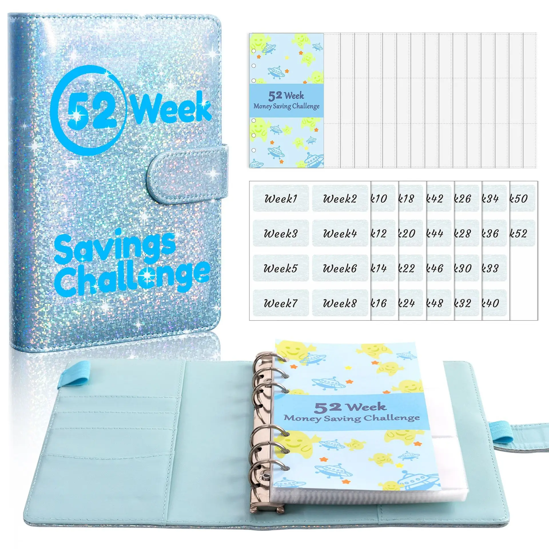 A6 Glitter 52 Week Savings Challenge52 Loose-Leaf Binder Budget Binder With Cash Envelopes Money Organizer System