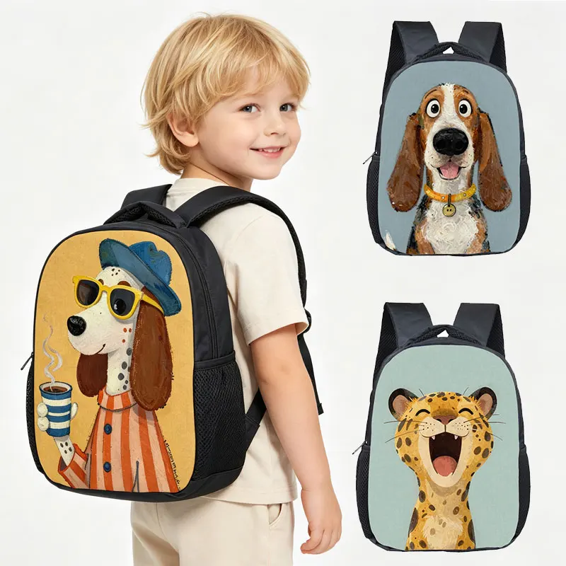 12 Inch Cute Gentleman Dog with Coffee Toddler Backpack for 2‑4 Years Old Kids School Bag Children Outdoor Travel Small Rucksack