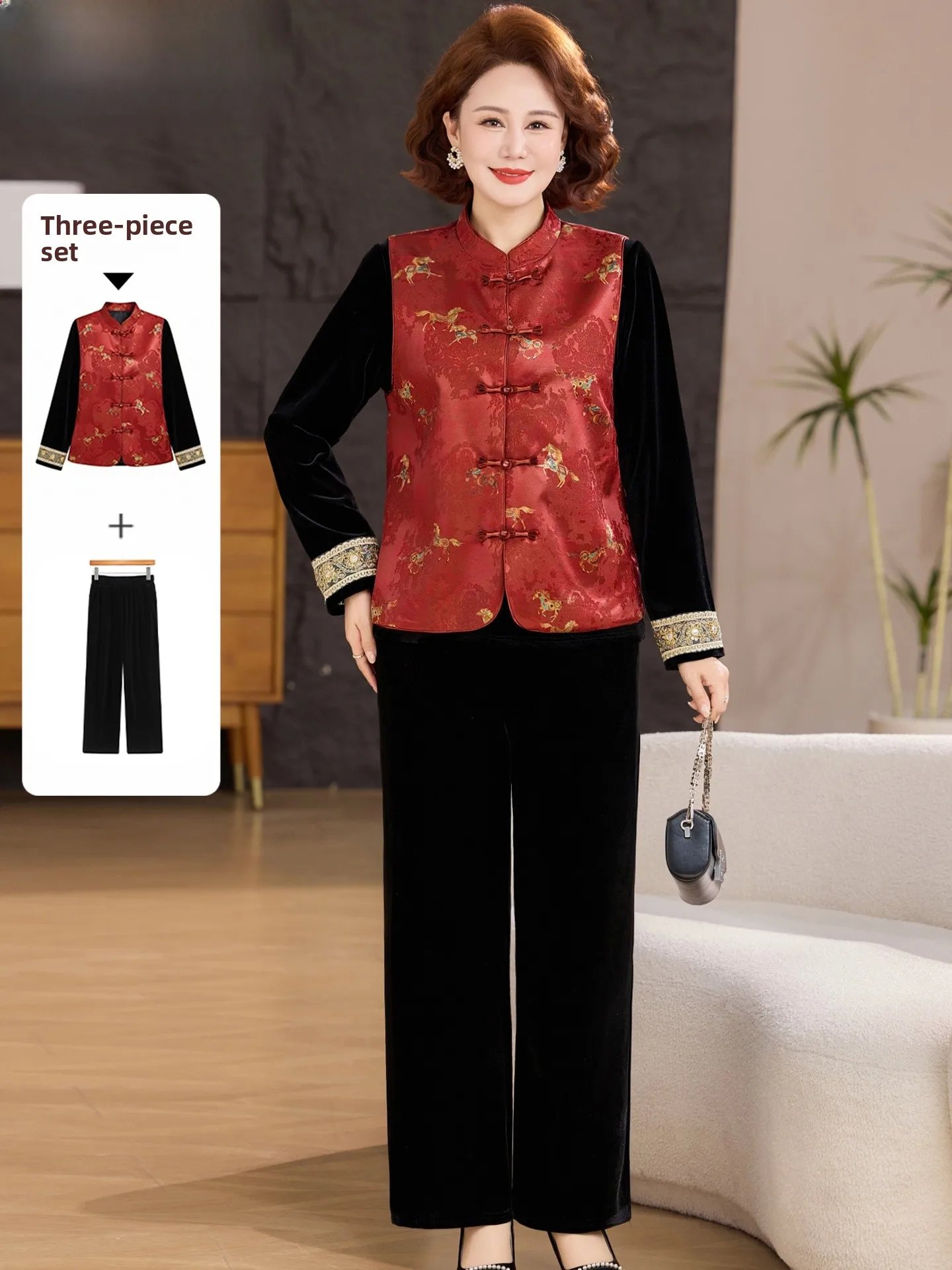

New Chinese Sle Mom Spring Faion Gold Velvet Set Tang Costume Women's Mid-Aged Spring Autumn Vest Loose Fit Long Pants