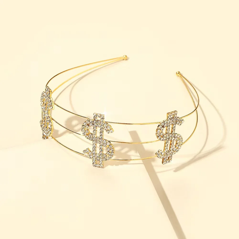 Luxury Rhinestone Dollar Sign Headband Multi Layer Thin Wire Metal Headpiece Women Trendy Hip Hop Hair Decor