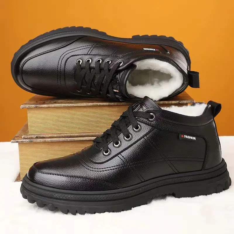2025 Winter Men's Business Casual Leather Shoes, Men's Fashionable Breathable Shoes, Casual Lace-up Single Leather Cotton Shoes