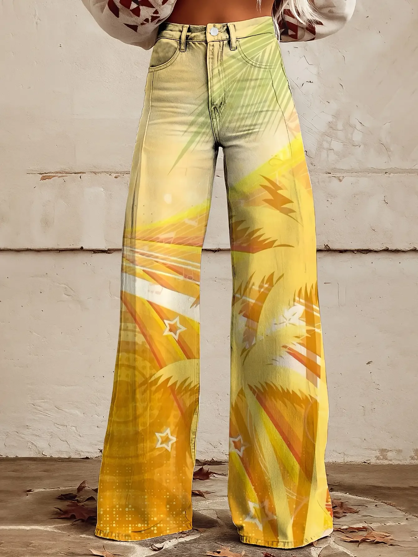 Women's slim fit wide leg flared pants, European and American niche women's irregular 3D printed jeans wide leg pants