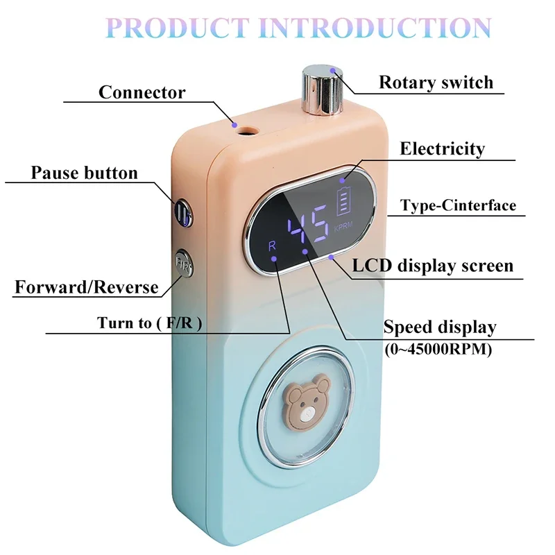 45000RPM Lovely Bear Electric Nail Drill MachineRechargeable Nail Gel Polishing Machine Nail File Machine