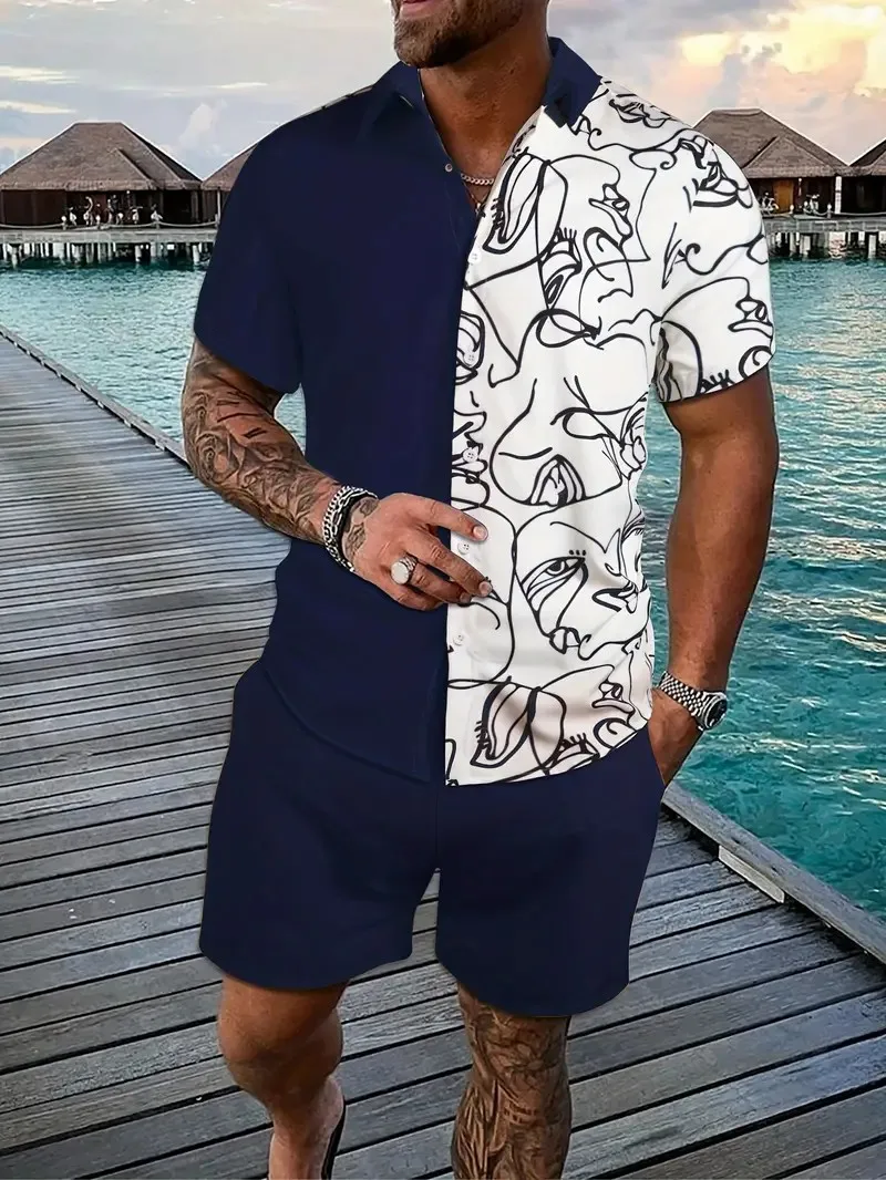 New Summer Men\'s Beach Suit Fashion Printing Summer Holiday Style Thin Shirt Shorts Quick-drying Suit Two Sets Plus Size