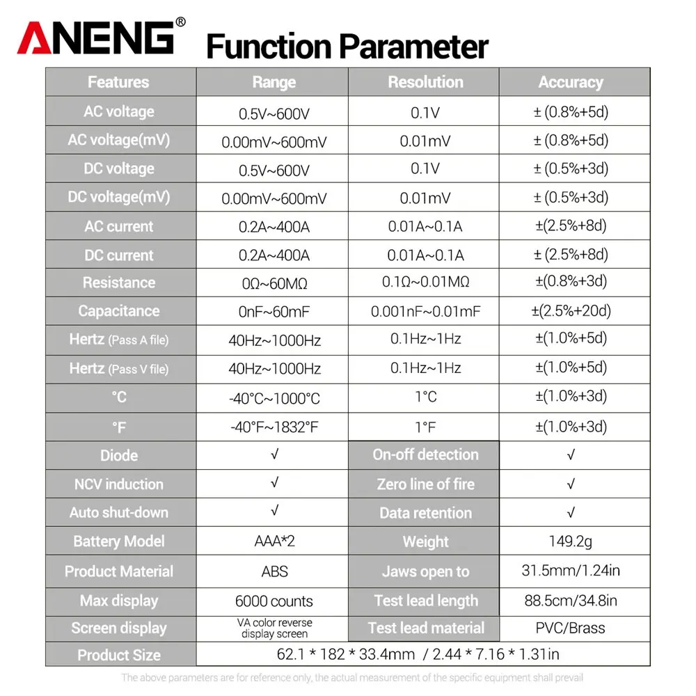 ANENG ST212 6000 conteggi pinza amperometrica digitale DC/AC corrente 400A Amp multimetro grande schermo a colori Tester di tensione auto Hz NCV Ohm