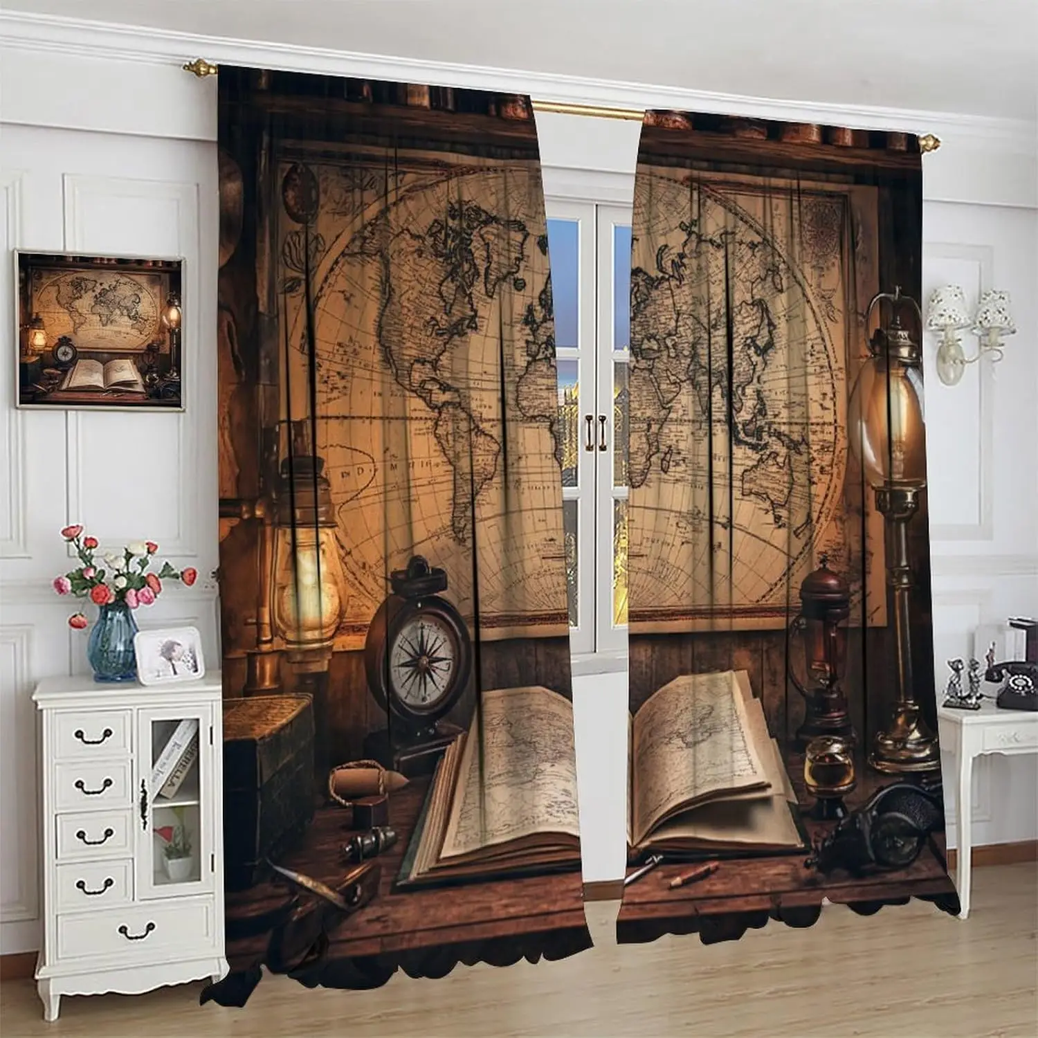 Vintage World Map Blackout Curtains for Bedroom, Grommet Drapes Thermal Insulated Room Darkening Classic Nautical Compass Book