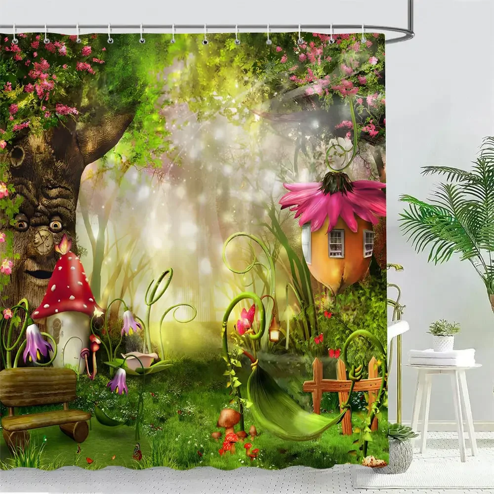 Fantasy Forest Mushroom House Shower Curtain Pretty Cartoon Pattern Polyester Fabric Kids Bath Curtain Bathroom Decor With Hooks