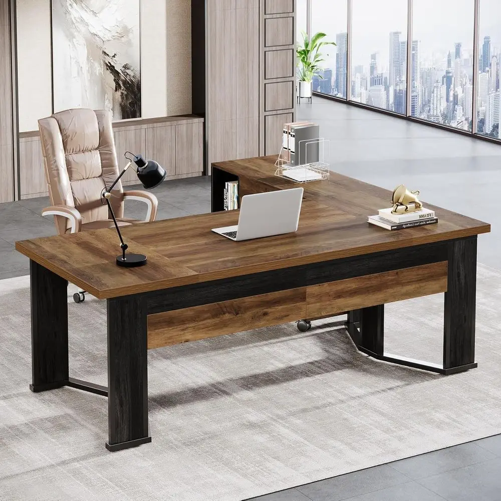 

70.86" Executive Desk with Mobile ile Cabinet, Large L Shaped Computer Oice Desk with 2 Ders and Storage Shelves, Businurniture