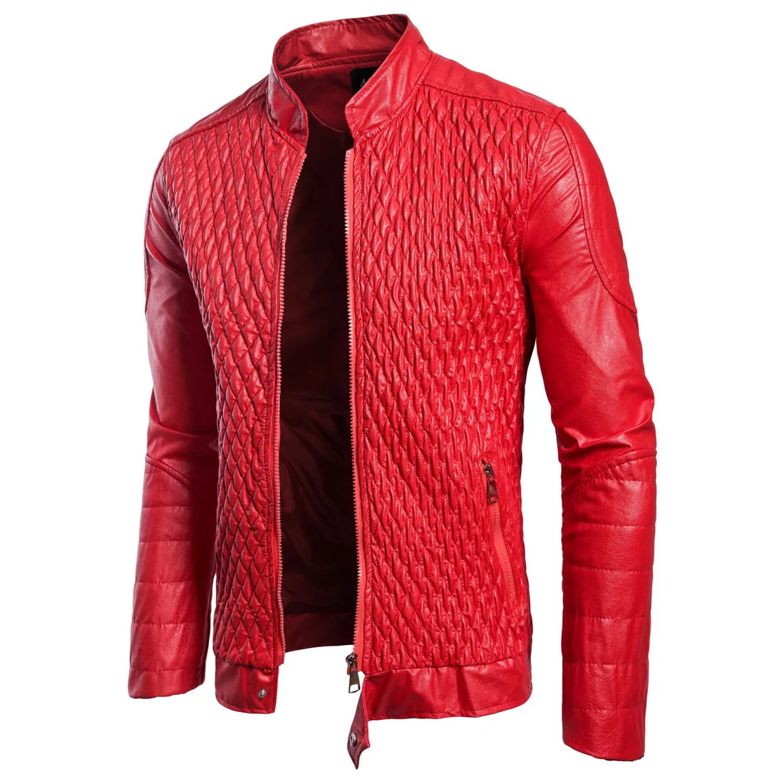 Mens Leather Jacket Spring Autumn New Men Diamond Design Stand Collar Zipper Male Casual Fashion Streetwear Leather Coats