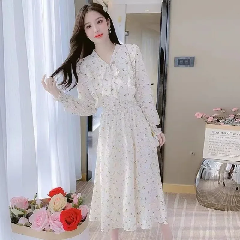 Chiffon Korean Style Female Dress Bow Women\'s Long Sleeve Dresses Clothing Elastic Aesthetic New Features of 2025 Fashion Cotton