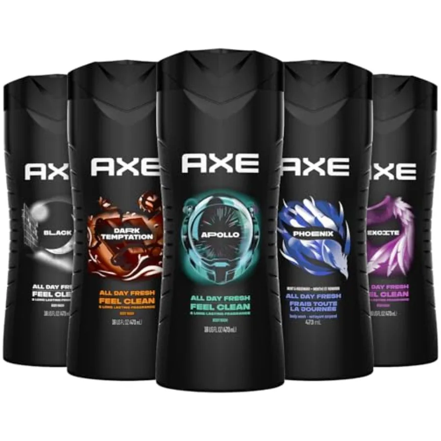 

Набор мужских средств AXE 3-в-1 для умывания лица и тела, 5 штук: Apollo, Dark Temptation, Black Excite, Phoenix с 12-часовым эффектом бодрости