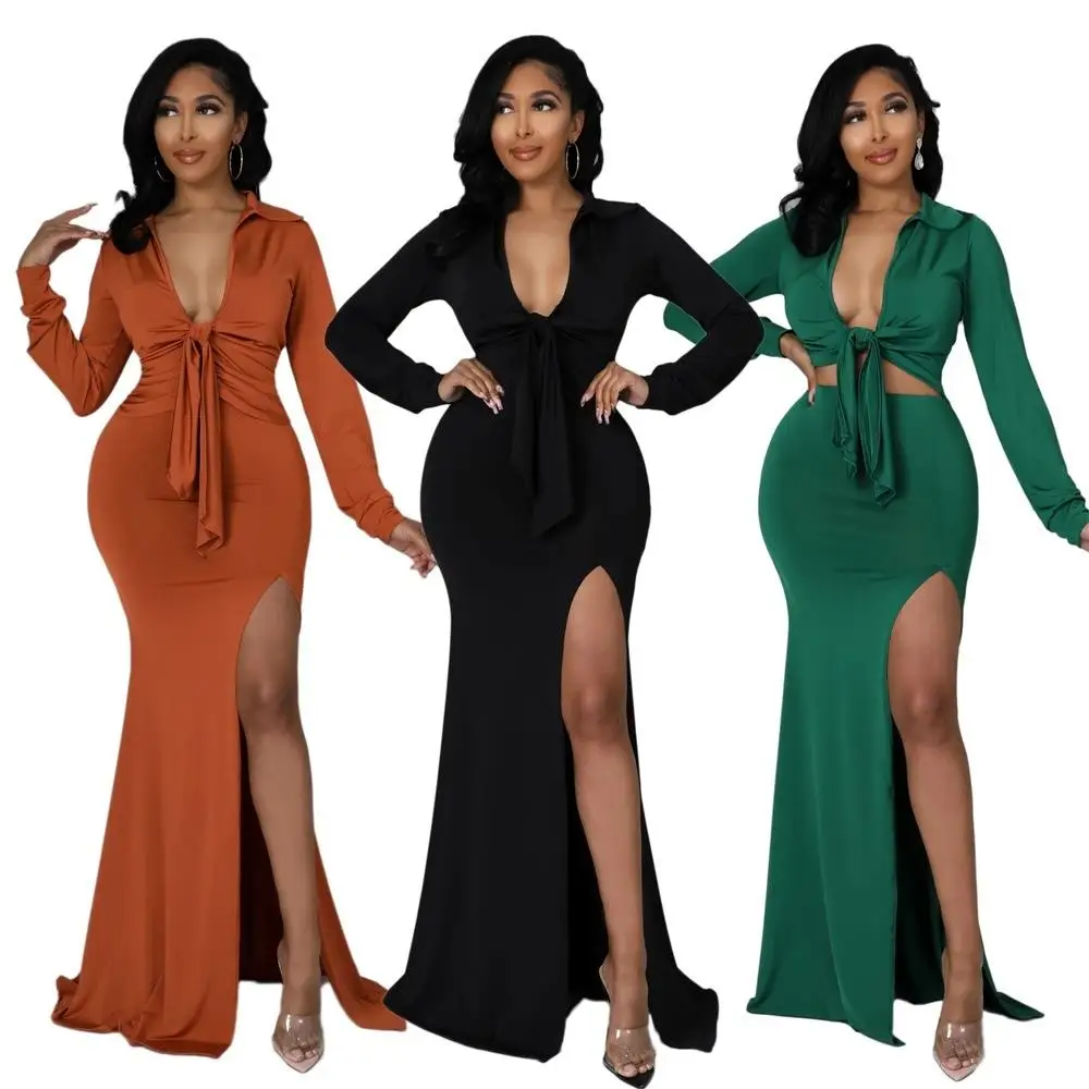 

Women's Casual Pure Color Wrap Waist Dress Two-Piece Set Elegant V-Neck Long Sleeve Winter Fashion Ensemble