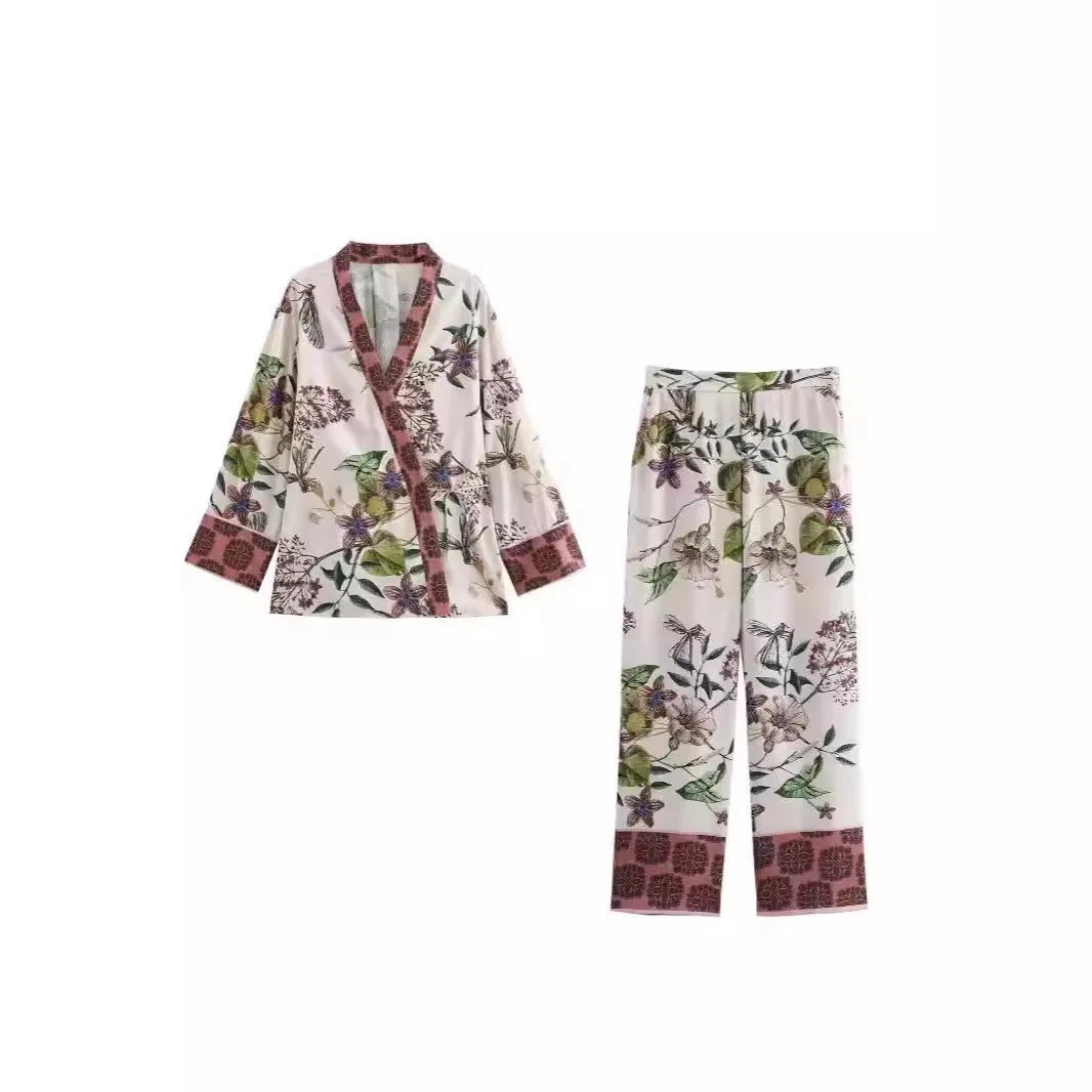

Новый женский комплект из кимоно с цветочным принтом, комплект из топа и брюк, летняя повседневная спортивная одежда, модный ансамбль китайского происхождения и сли