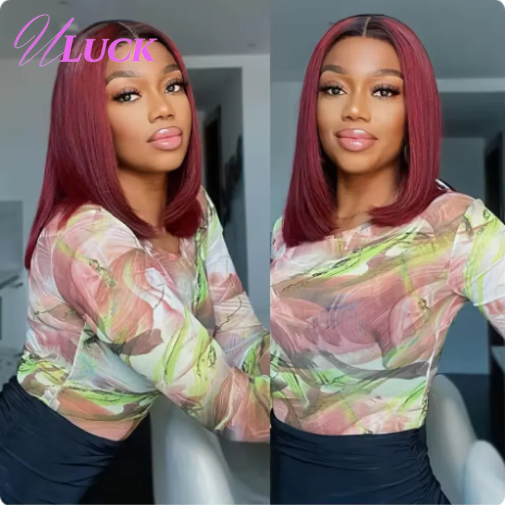 

Uluck Double Drawn Burgundy Straight Short Bob Wig 13x4 Lace Frontal Wigs 200% Density Human Hair Wigs 99j Color For Black Women