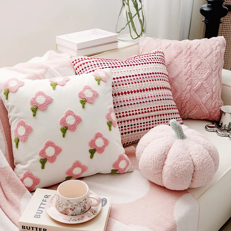 Cute Pink Floral Throw Pillow With Insert French Cream Style Decorative Cushion for Sofa Bed Living Room
