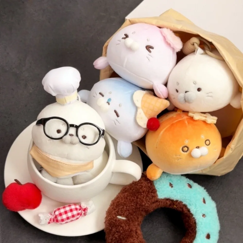 Fluffy Ice Cream Seal Keychain Cute Sakura Sea Dog Pendant Stuffed Toast Seal Keyring Hanging Decoration
