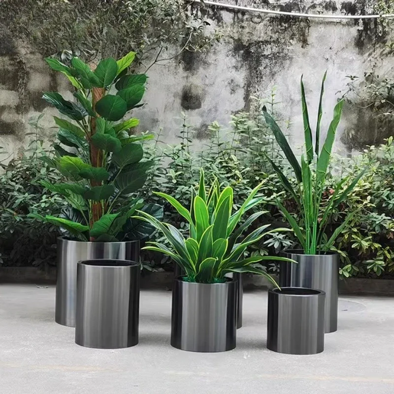 Stainless Steel Cylinder Planter Titanium Black Flower Pot Modern Decorative Vase for Indoor Plants Office Lobby Hotel Decor