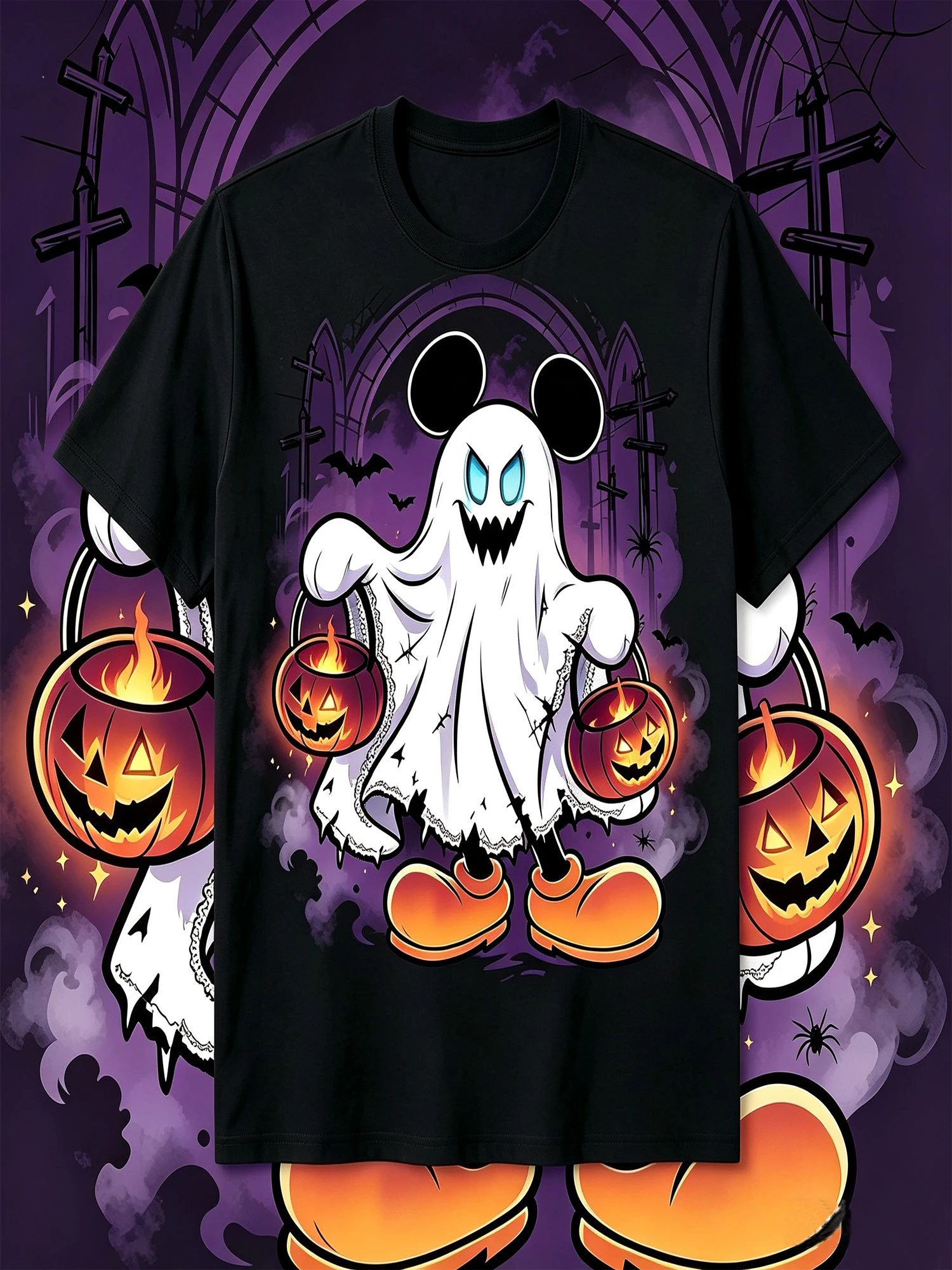 Halloween Ghost With Mouse Ears Graphic T Shirt Unisex Spooky Pumpkin Lantern Print Short Sleeve Tee Gothic Street Wear Party Casual Top For Men Women