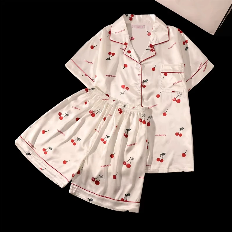 2-teiliges Damen-Pyjama-Set mit süßem Aufdruck, kurzen Ärmeln, Knopfleiste und Shorts, rosa Nachtwäsche, weiche, bequeme Homewear, lässige Loungewear-Pyjama-Set – Detail 6