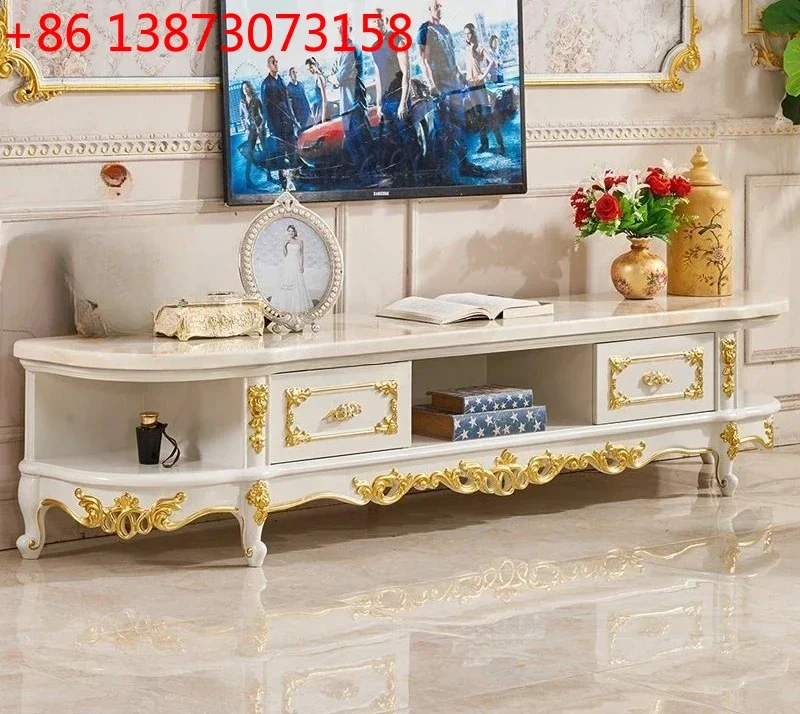 European natural marble TV cabinet, all solid wood white engraved simple oval floor cabinet