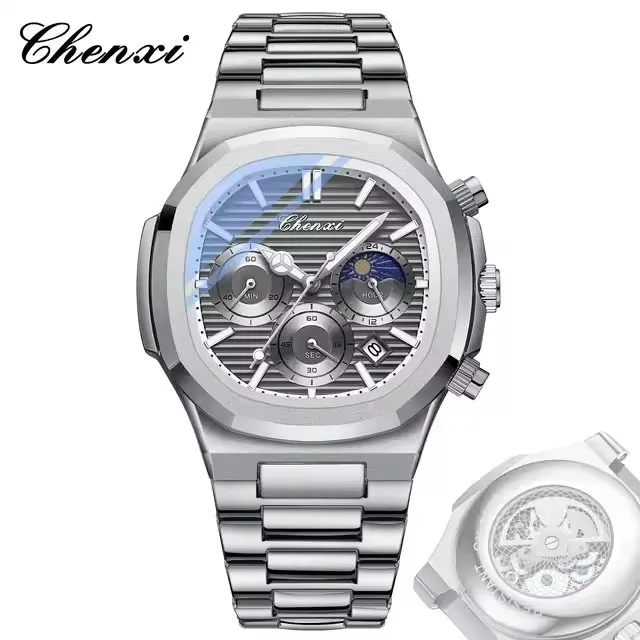 CHENXI 0092 ساعات كوارتز موضة الأعمال عادية مضيئة القمر المرحلة كرونوغراف مقاوم للماء للرجل ساعة هدية عيد ميلاد