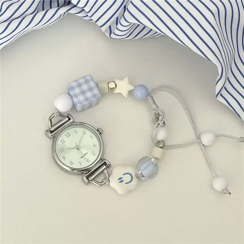 Women's Quartz Watch Ladies Wristwatch Korean Style Milk Blue Plaid Beaded Adjustable Drawstring Stylish Attractive Wristwatch