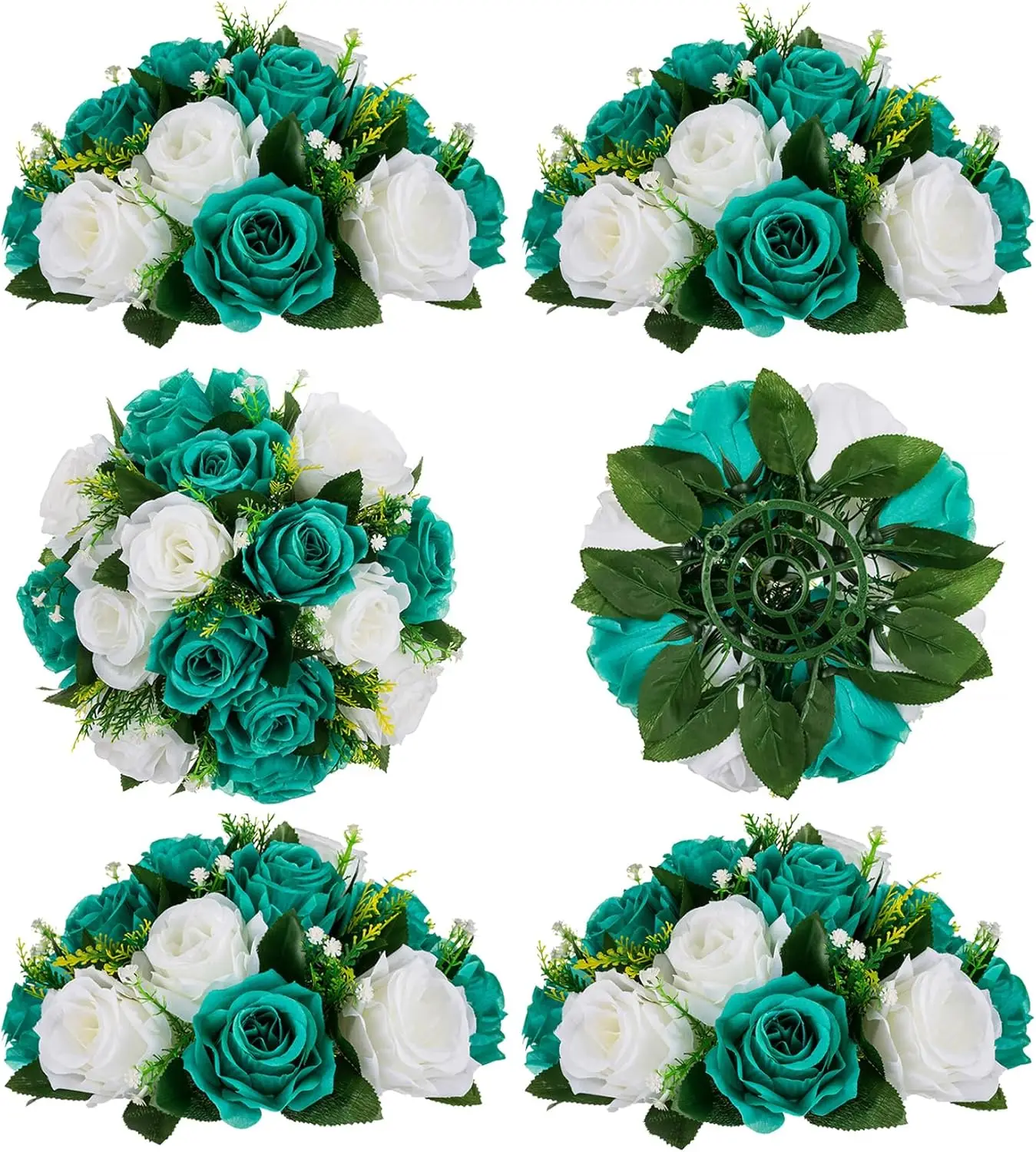 

Teal Flowers Artificial Centerpieces: 6 Pcs Fake Roses Flowers Balls for Wedding Dinning Table - Faux Silk Kissing Flora