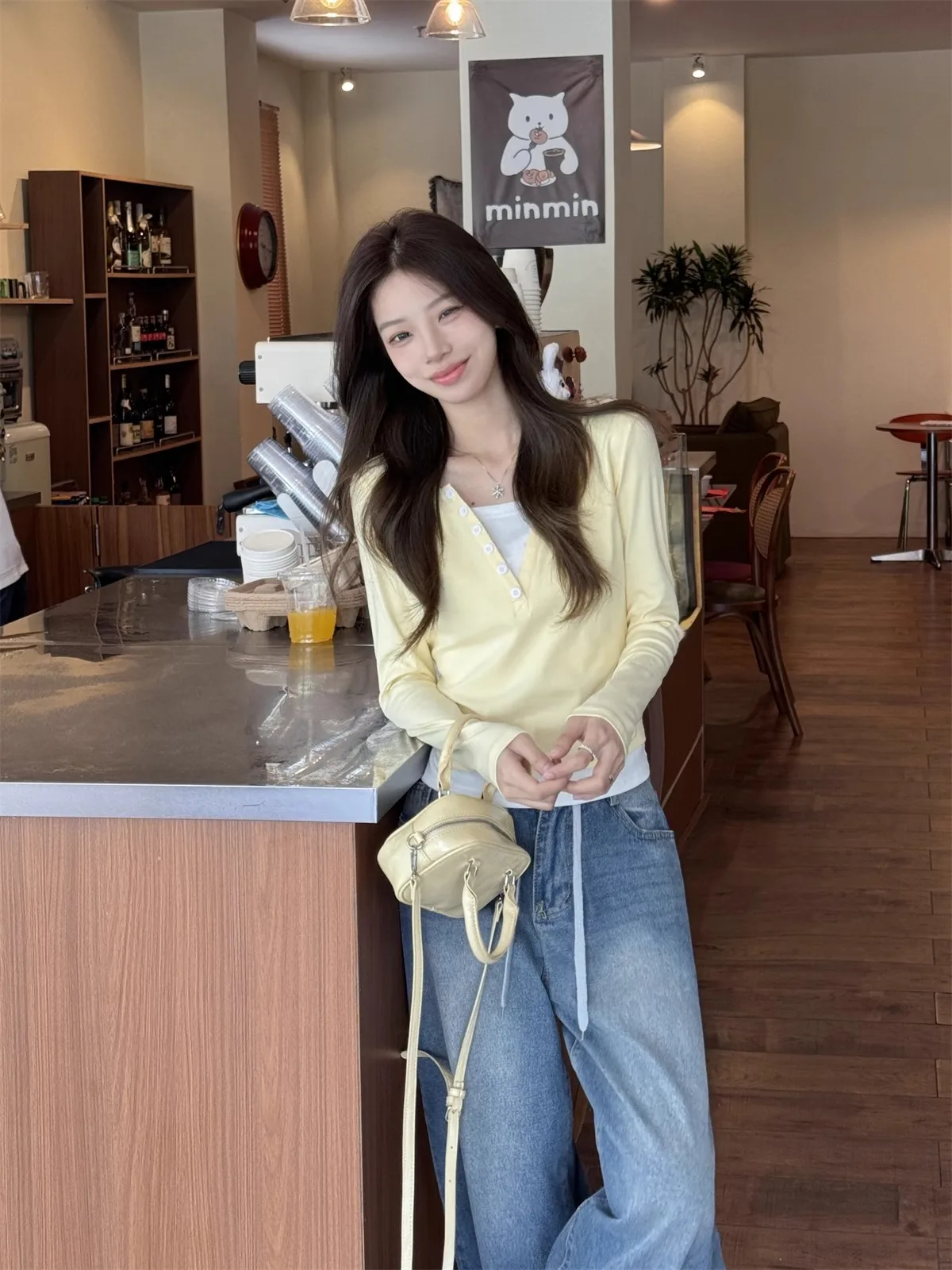 تي شيرت نسائي شتوي بأكمام طويلة تي شيرت شيربا بياقة واقفة مبطن أنيق رسمي لطيف طبقة عملية ملابس الشارع النسائية #2