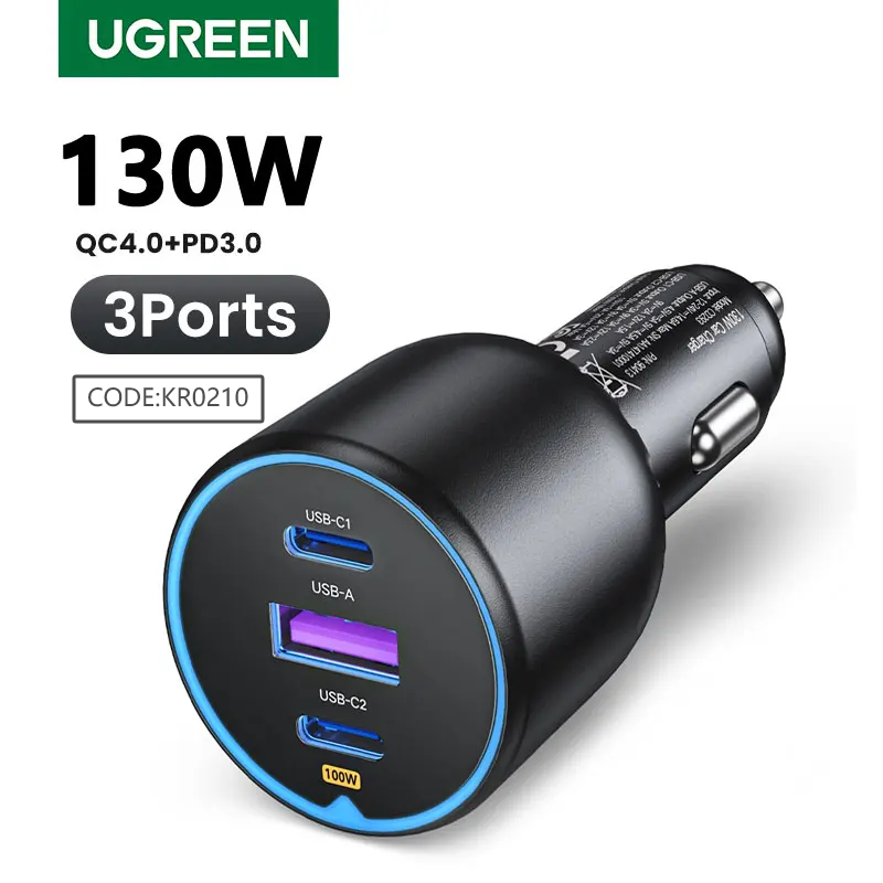  UGREEN 130W USB C Car Charger For Xiaomi iPhone 17 Samsung Galaxy S25 Laptops Tabet PD3.0 Fast Charging USB Type C Car Charger 